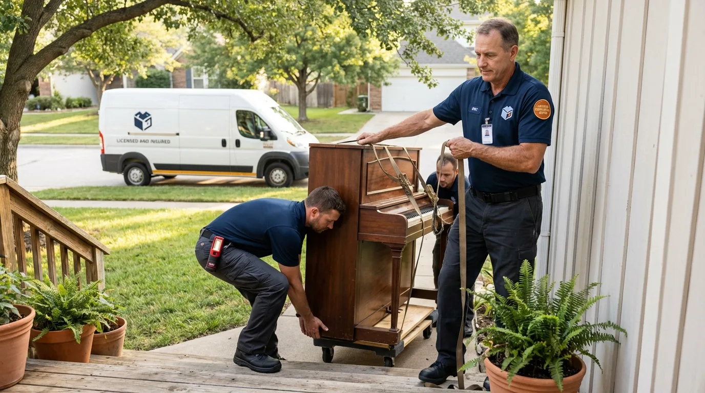 Licensed piano movers securing grand piano in Armonk, NY