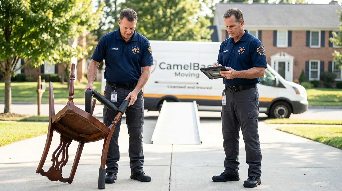 Movers inspecting furniture for damage prevention before loading in Armonk, NY